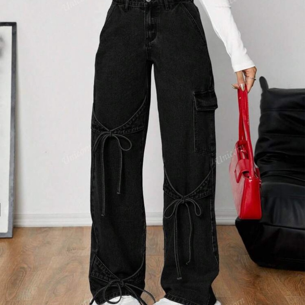 Black Cargo Pants with Tie Details